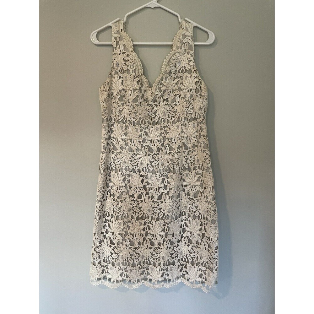 Ann Taylor Cream Lace Overlay Sheath Dress Sleeveless Gray Lining Size 6 Classic